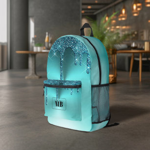 Mochila Impresa Monograma con goteo de brillo metálico turquesa
