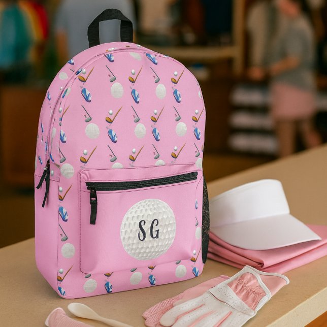 Mochila Impresa Monograma con patrón de golf rosa retro (Your new go‑to golf backpack pretty, practical, and perfectly paired with pro‑shop essentials.)