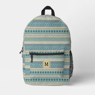 Mochila Impresa Monograma Crema Azul Océano Patentado Estilo Moder