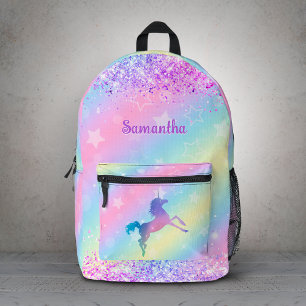 Mochila Impresa Monograma de arte de arcoiris de purpurina rosa de