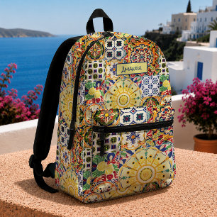Mochila Impresa Monograma de azulejo mediterráneo naranja geométri