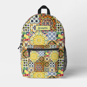 Mochila Impresa Monograma de azulejos naranja geométricos mediterr