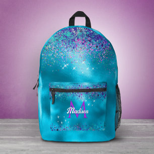 Mochila Impresa Monograma de brillo iridiscente azul chic rosa