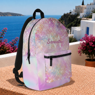 Mochila Impresa Monograma de brillo ombre rosa iridiscente lindo