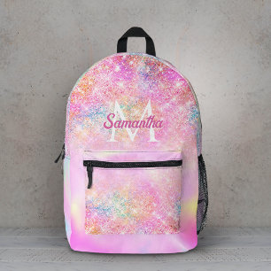 Mochila Impresa Monograma de brillo ombre rosa iridiscente lindo
