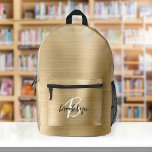 Mochila Impresa Monograma de escritura blanca Metalizado cepillado<br><div class="desc">Esta mochila personalizada presenta un monograma y un nombre en un guión moderno en blanco y negro sobre un elegante fondo metalizado de imitación dorada.</div>