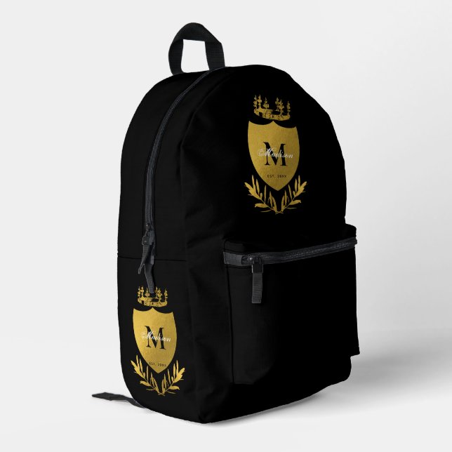 Mochila Impresa Monograma de Escudo Real Negro y Oro (Esquina izquierda trasera)