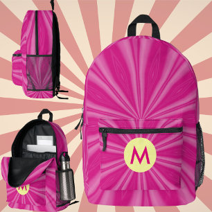 Mochila Impresa Monograma de explosión de sol brillante rosa calie