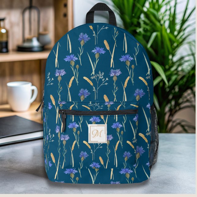 Mochila Impresa Monograma de flor salvaje floral azul (Subido por el creador)
