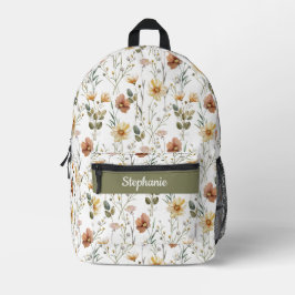 Mochila Impresa Monograma de Flor Silvestre Acuarela Verde Boho
