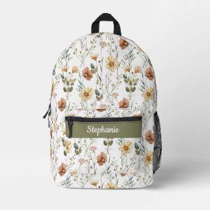 Mochila Impresa Monograma de Flor Silvestre Acuarela Verde Boho