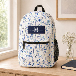 Mochila Impresa Monograma de flores silvestres acuarela azul marin