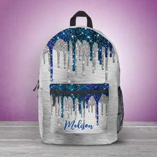 Mochila Impresa Monograma de gotas de brillo azul moderno lindo