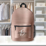 Mochila Impresa Monograma de guión Metalizado cepillado de oro Ros<br><div class="desc">Esta mochila personalizada presenta un monograma y un nombre en un guión moderno en blanco y negro sobre un elegante fondo metalizado de imitación dorada subió.</div>