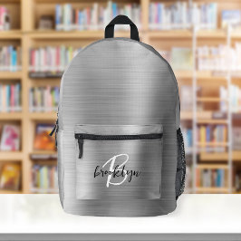 Mochila Impresa Monograma de guión negro blanco de metal cepillado