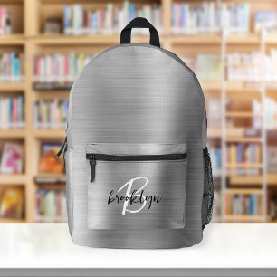 Mochila Impresa Monograma de guión negro blanco de metal cepillado
