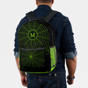 Mochila Impresa Monograma de Halloween de telaraña de araña verde 