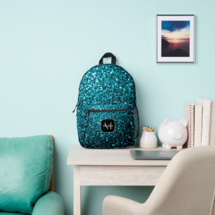 Mochila Impresa Monograma de lentejuelas falsas azul aguamarina