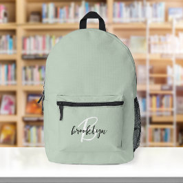 Mochila Impresa Monograma de letra script de moda en verde salvia 
