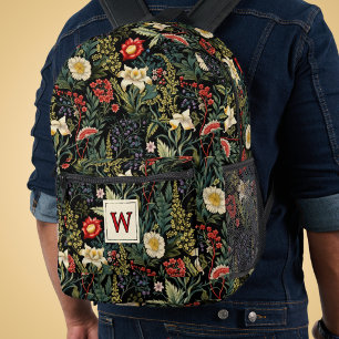 Mochila Impresa Monograma de Lirios Florales Rojos Blancos Verdes 