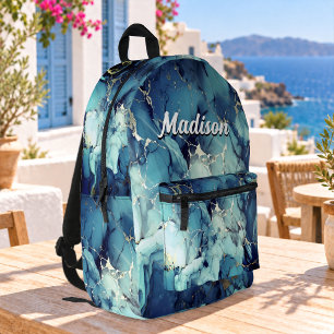 Mochila Impresa monograma de mármol azul aqua chic con brillo dora