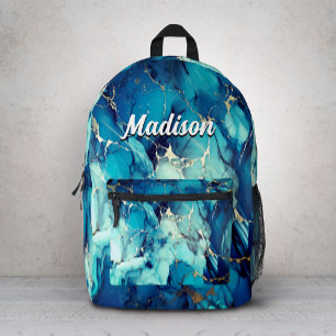 Mochila Impresa monograma de mármol azul aqua chic con brillo dora