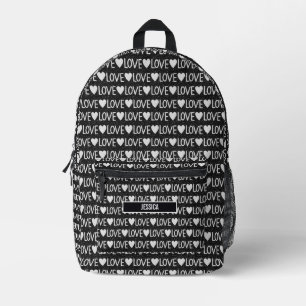Mochila Impresa Monograma de nombre de amor de texto blanco y negr