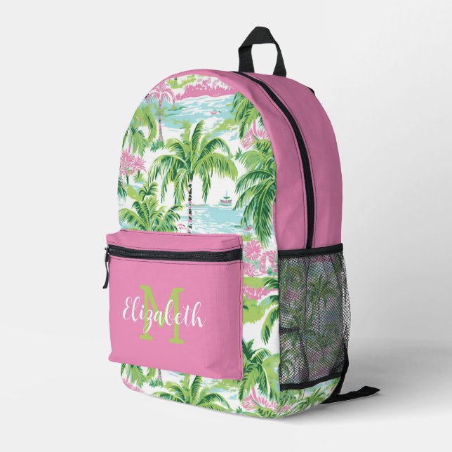 Mochila Impresa Monograma de palmeras tropicales verde y rosa prec (Esquina derecha trasera )