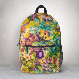 Mochila Impresa Monograma de patrón amarillo floral púrpura vintag