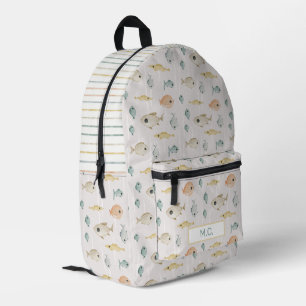 Mochila Impresa Monograma de patrón de peces de acuarela adorable