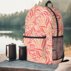 Mochila Impresa Monograma de Patrón Floral Moderno de Naranja Melo