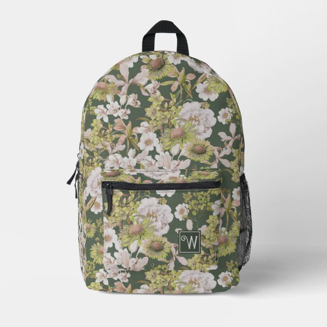 Mochila Impresa Monograma de patrón FLoral verde oscuro moderno (Anverso)