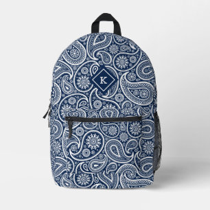Mochila Impresa Monograma de patrón paisley blanco y azul marino