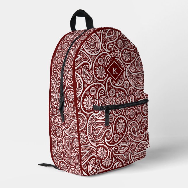 Mochila Impresa Monograma de patrón paisley blanco y rojo oscuro (Esquina izquierda trasera)