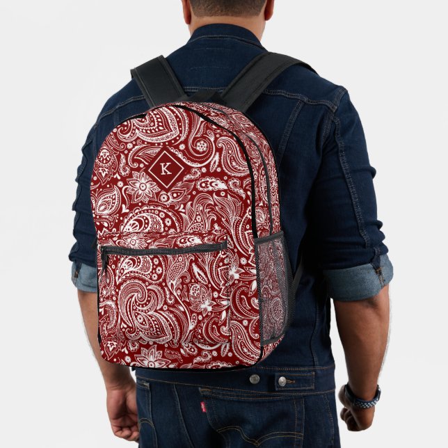 Mochila Impresa Monograma de patrón paisley blanco y rojo oscuro (Insitu (Modelo))