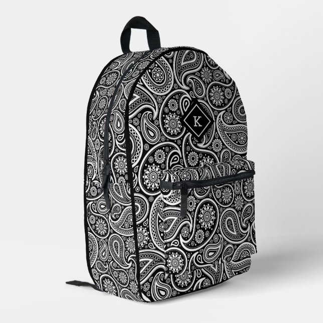 Mochila Impresa Monograma de patrón paisley negro y blanco (Esquina izquierda trasera)