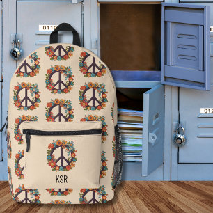 Mochila Impresa Monograma de paz y flores bohemias