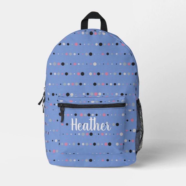 Mochila Impresa Monograma de puntos de polka azul brillante (Anverso)