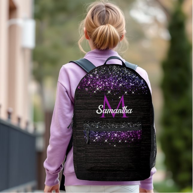 Mochila Impresa Monograma de purpurina de imitación negro morado (Subido por el creador)