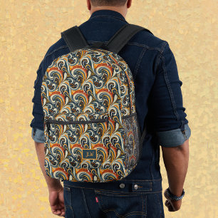 Mochila Impresa Monograma de remolinos naranja profundo y azul tur