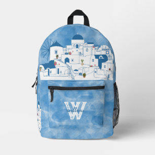 Mochila Impresa Monograma de Santorini Grecia azul y blanco