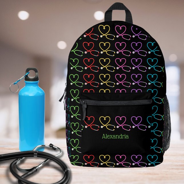 Mochila Impresa Monograma de Stethoscope del corazón del arcoiris (Subido por el creador)