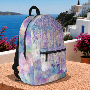 Mochila Impresa Monograma de unicornio azul chic acuático que gote
