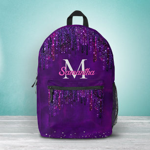 Mochila Impresa Monograma de unicornio rosa púrpura lindo con gota