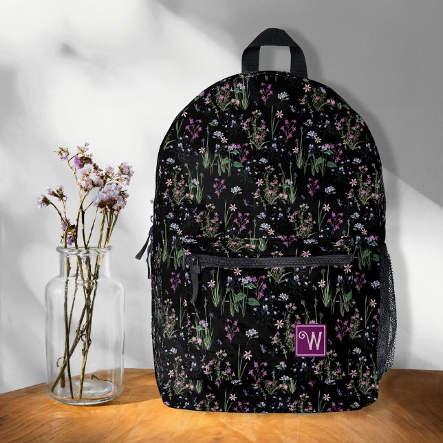 Mochila Impresa Monograma de violeta negra del patrón FLoral bonit (Pretty ditsy floral pattern black and purple, romantic, cute, cottage garden, monogram backpack.)