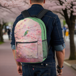 Mochila Impresa Monograma del hongo verde sobre flores de cerezo r