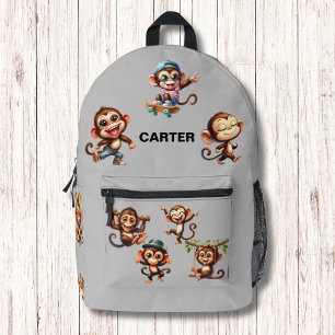 Mochila Impresa Monograma del patrón de acuarela de mono gracioso