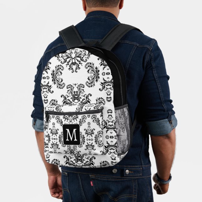 Mochila Impresa Monograma del patrón de damasco blanco y negro (Insitu (Modelo))