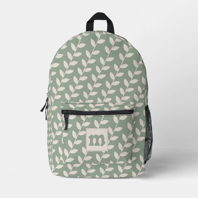 Mochila Impresa Monograma del patrón de hoja retro de Sage Green 7 (Anverso)