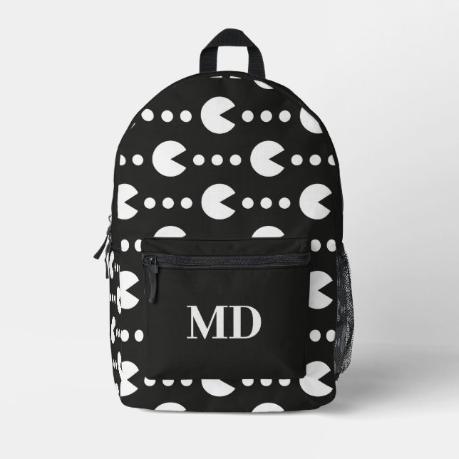 Mochila Impresa Monograma del patrón de juego negro y blanco (Anverso)